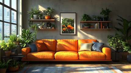 Poster - Angled view of a bright and modern living room with a design boucle sofa mockup poster and plants adorning the shelves complemented by an array of colorful decorations and personal touches