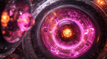 Poster - Futuristic energy core with swirling purple and orange lights in a sci-fi environment