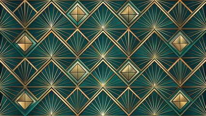 Poster - Geometric Art Deco Pattern with Sunburst Motifs and Teal and Gold Color Scheme