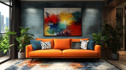 Poster - Artistic perspective of stylish living room showcasing a sleek sofa and vibrant abstract wall art taken from a corner angle to highlight the cozy atmosphere and natural elements present in the design