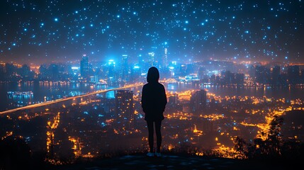 Woman Cityscape Night Starry Sky Hilltop Dream