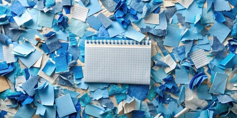 Poster - A blank notepad lies among a bed of blue paper scraps, ready to capture thoughts and ideas.