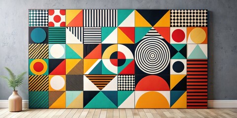 Poster - A vibrant and playful geometric wall art installation featuring a patchwork of colorful squares, circles, and triangles, creating a visually captivating and dynamic design.