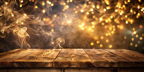 Aufkleber - Rustic Wooden Tabletop with Golden Smoke and Defocused Lights