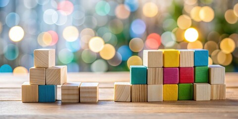 Poster - Colorful Wooden Blocks Stacked on a Table Against a Background of Defocused Lights
