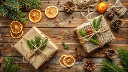 Wall Mural - Rustic Christmas Gifts Wrapped in Brown Paper and Burlap with Evergreen Branches, Dried Citrus, Pinecones, and Twine