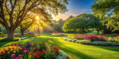 Aufkleber - A vibrant garden bathed in golden sunlight, with blooming flowers creating a tapestry of color against a backdrop of lush greenery and towering trees.