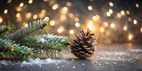 Poster - A snow-dusted evergreen branch and pine cone resting in a snowy scene with a soft glow of golden lights in the background.