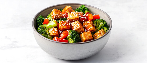 Wall Mural - A colorful bowl of tofu stir-fry featuring broccoli, bell peppers, and sesame seeds, offering a healthy and delicious vegetarian option.