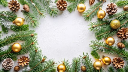 Wall Mural - Festive Christmas Frame with Evergreen Branches, Golden Ornaments and Pine Cones on a Snowy Surface