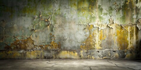 Poster - A weathered, worn, and faded concrete wall with cracks and peeling paint revealing the underlying layers of yellow, green, and brown