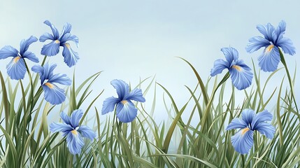 Poster - Beautiful blue irises in grass on a light blue sky background. Suitable for wallpaper, nature prints, or greeting cards