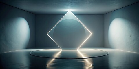 Aufkleber - A minimalist room with an illuminated circular platform and a neon diamond shape overhead, creating a dramatic backdrop.