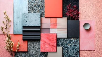 Poster - Angled shot of moodboard featuring textile and paint samples with panels and tiles in pink black and light grey tones arranged creatively for an interior design project Copy space included Template