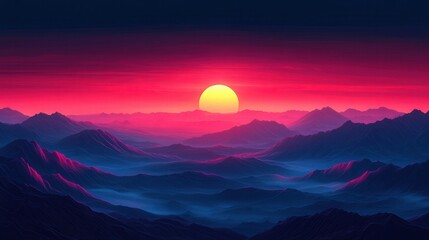 Wall Mural - Stunning Digital Illustration of a Vibrant Sunset Over a Serene Western Landscape with Mountain Ranges and Colorful Skies