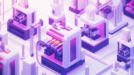Poster - Futuristic 3D printing technology in a vibrant digital landscape with machines and structures