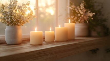 Poster - Beige room candles on a mantelpiece Close up of a frame mockup capturing the soft light Modern cozy design with plush furnishings 3D render of comfort and style