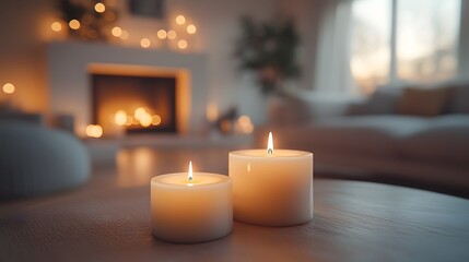 Poster - Beige room candles on a mantelpiece Close up of a frame mockup capturing the soft light Modern cozy design with plush furnishings 3D render of comfort and style