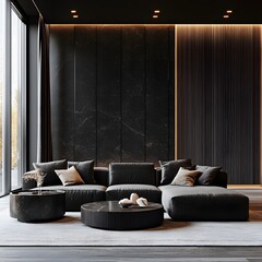 Poster - Black living room interior showcasing stylish sofa viewed from a side angle emphasizing the clean lines of the furniture and the chic decor creating a harmonious minimalist space in this 3D render