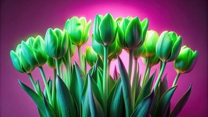 Wall Mural - A Vibrant Bouquet of Green Tulips Against a Magenta Background, Capturing the Essence of Spring's Freshness and Vivid Color Palette