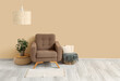 © Pixel-Shot - Interior of living room with brown armchair and plant on pouf