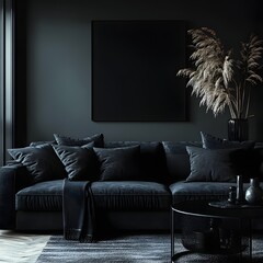 Poster - Black living room interior showcasing stylish sofa viewed from a side angle emphasizing the clean lines of the furniture and the chic decor creating a harmonious minimalist space in this 3D render