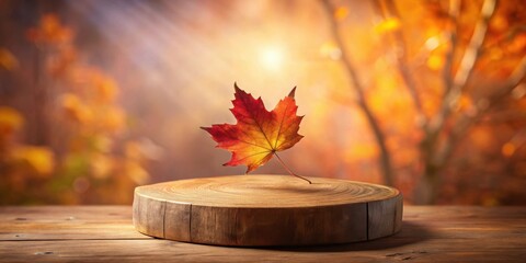 Aufkleber - A solitary autumn leaf rests on a wooden platform against a backdrop of warm, blurred foliage.