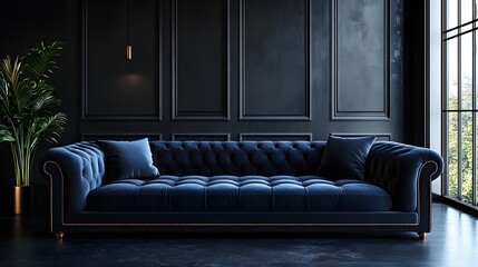 Poster - Black living room interior showcasing sleek sofa viewed from a low angle emphasizing the elegant lines and textures of the furniture against a minimalist background in this 3D render