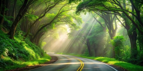 Poster - A winding road through a dense forest with sunlight filtering through the trees, creating a magical and ethereal atmosphere