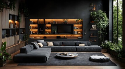 Poster - Black living room interior a modern sofa viewed from an overhead angle showcasing the arrangement of decor and furniture while emphasizing the spaciousness in this 3D render