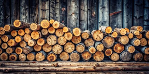 Poster - A weathered wooden wall stands as a backdrop for a meticulously stacked pile of round logs, each one a testament to the natural beauty of wood