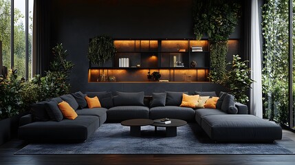 Aufkleber - black living room interior a modern sofa viewed from an overhead angle showcasing the arrangement of