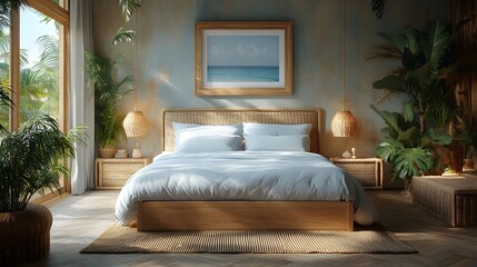 Fototapete - Boho coastal bedroom interior a mockup frame hanging above a light wooden bed Soft blue accents and woven textures bring a calming beachside feel in this 3D render of relaxed decor