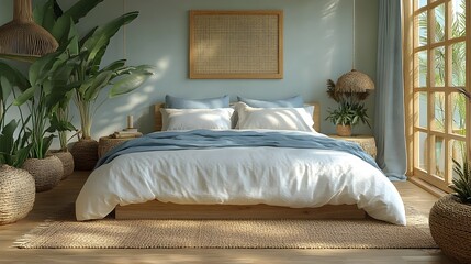 Fototapete - Boho coastal bedroom interior a mockup frame hanging above a light wooden bed Soft blue accents and woven textures bring a calming beachside feel in this 3D render of relaxed decor