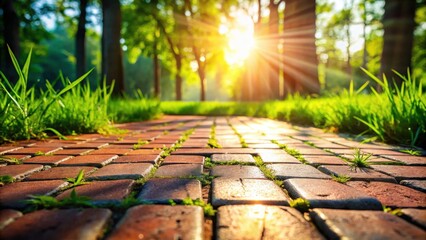 Aufkleber - A sunlit brick pathway through a lush green forest, leading to a bright, golden horizon