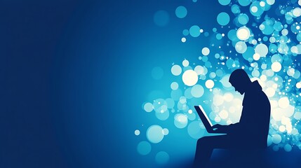 Poster - Silhouette person working on laptop, blurred lights. Stock photo