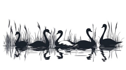 Poster - Swans silhouettes on water, reeds background, graphic design, nature