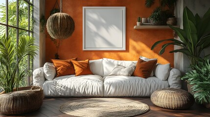 Poster - Bright airy children's room with a white mock up frame on a charming shelf Soft furnishings and playful decor create a cozy atmosphere in this 3D render filled with warmth and joy