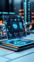 Futuristic interface displaying data and analytics on tablet.