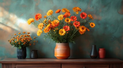 Poster - Bright orange yellow blooms on a wooden sideboard framed by geometric decor captured from a diagonal angle to create depth and emphasize the cheerful modern atmosphere of the space