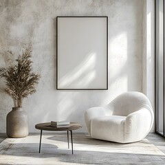Poster - Bright white room modern interior a mockup frame hanging on a smooth wall Contemporary furniture in subtle tones of gray and beige enhances the sleek ambiance 3D render of elegant design
