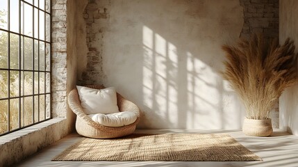 Poster - Canvas mockup displayed a lightcolored minimalist interior featuring a cozy armchair and rustic decor viewed from a low angle emphasizing the textures and inviting atmosphere in this 3D render