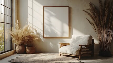 Poster - Canvas mockup displayed a lightcolored minimalist interior featuring a cozy armchair and rustic decor viewed from a low angle emphasizing the textures and inviting atmosphere in this 3D render