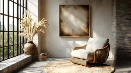 Poster - Canvas mockup displayed a lightcolored minimalist interior featuring a cozy armchair and rustic decor viewed from a low angle emphasizing the textures and inviting atmosphere in this 3D render