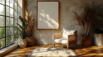 Poster - Canvas mockup a minimalist setting featuring a comfortable armchair and rustic decor captured from a frontal angle showcasing the elegance and simplicity of the design in this 3D render