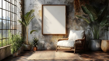 Poster - Canvas mockup a minimalist setting featuring a comfortable armchair and rustic decor captured from a frontal angle showcasing the elegance and simplicity of the design in this 3D render