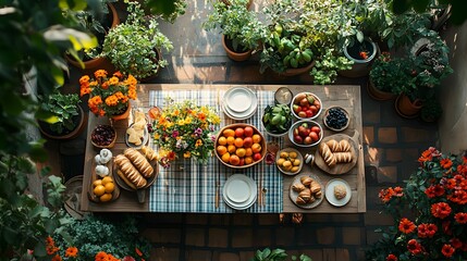 Poster - Captivating composition of terrace scene viewed from above featuring a big table with tableware a plaid fresh fruits and buns surrounded by vibrant plants in flowerpots for a cozy feel
