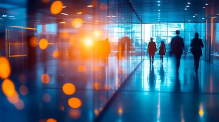 Aufkleber - Business people walking in modern office hallway at sunrise