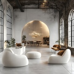 Poster - Chic white modern office interior industrial loft setting Clean lines and metal fixtures enhance the professional ambiance while a cozy seating area invites collaboration 3D render of dynamic design