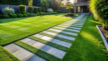 Aufkleber - A meticulously manicured lawn with a modern stone path leading through the landscape, creating a seamless blend of natural beauty and contemporary design.